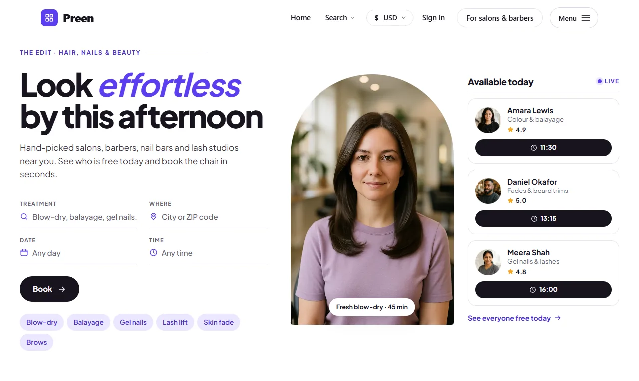 The Preen booking template for hair and beauty