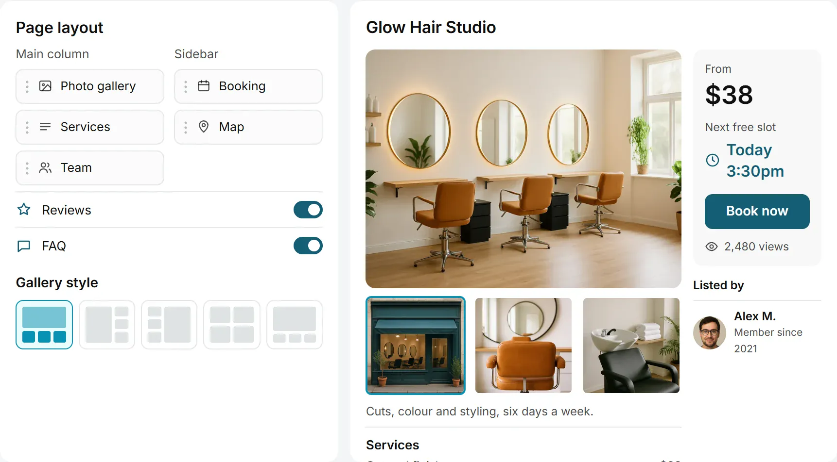 The service page designer: drag sections, switch them on or off and choose a gallery style, with a live preview