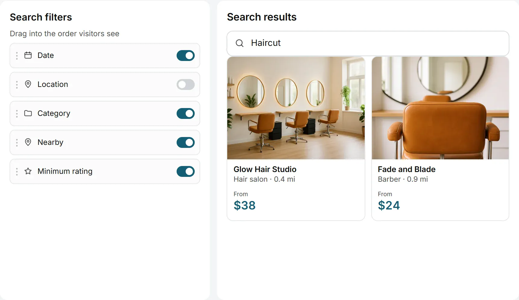 The search page designer with search filters in a draggable list
