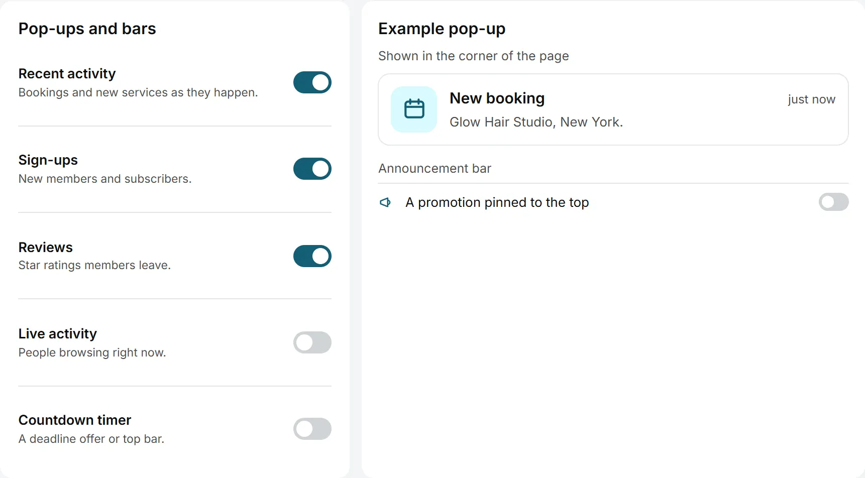 Social proof settings with an example new booking pop-up