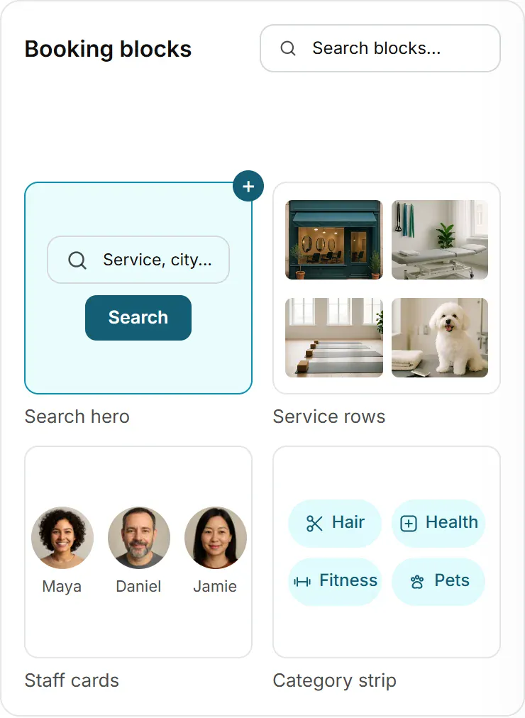 The booking block library: search hero, service rows, staff cards and category strip