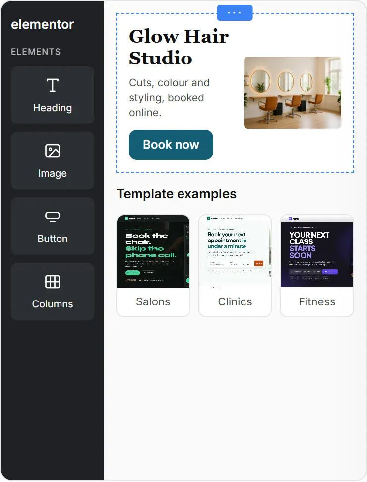 Editing a service page in the Elementor page builder, with template examples