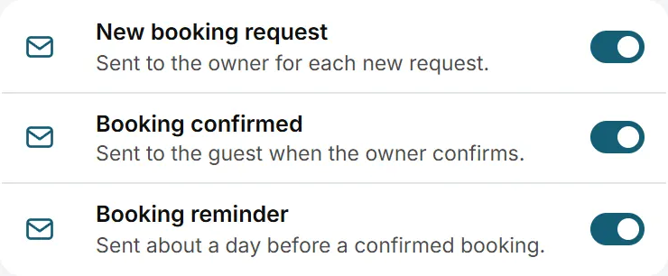 Automatic booking emails: new booking request, booking confirmed and booking reminder