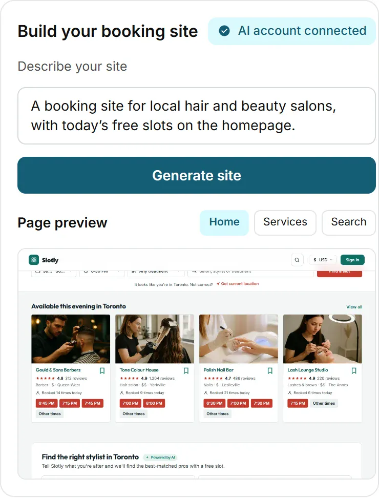 The site generator: describe your booking site and preview the generated pages