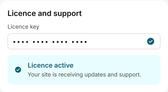 Entering a licence key to activate updates and support