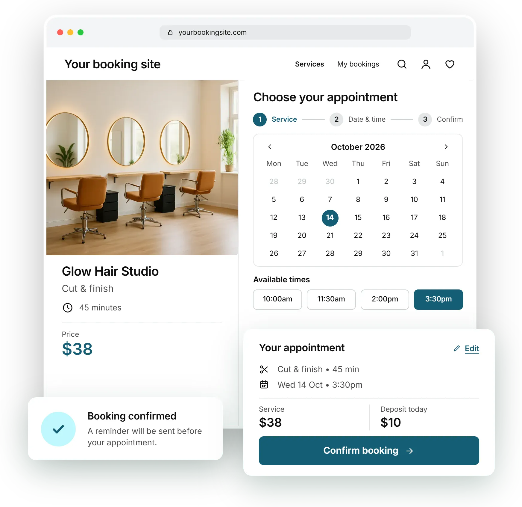 A booking website built with the Booking Theme: businesses with prices and next free slots, a booking card and a bookings overview