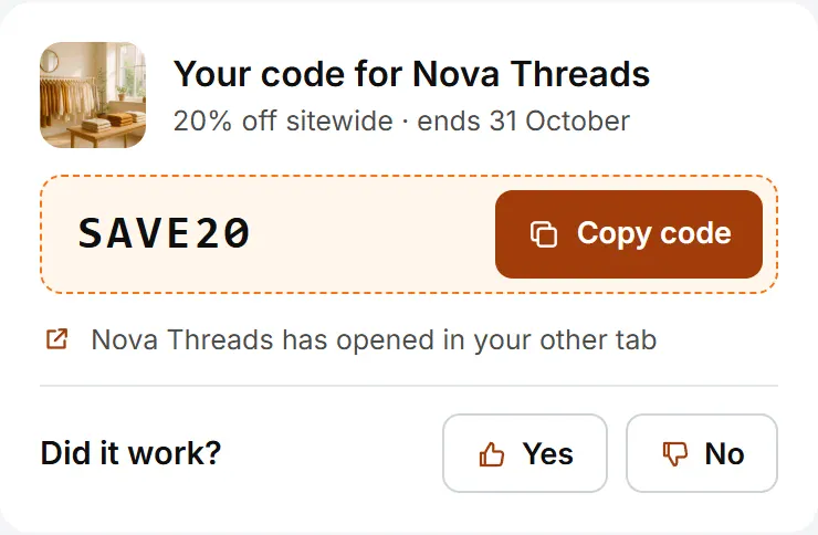 The code box: a coupon code with a Copy code button, a note that the store has opened, and a Did it work question