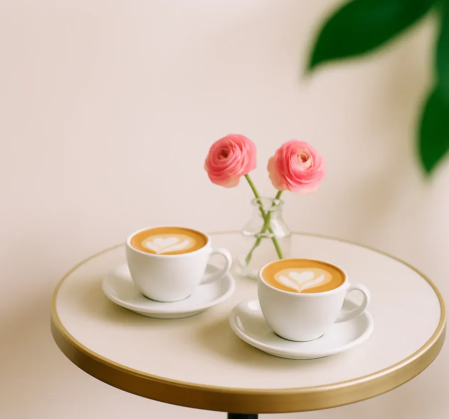 Two cups of coffee and a small vase of pink flowers on a cafe table