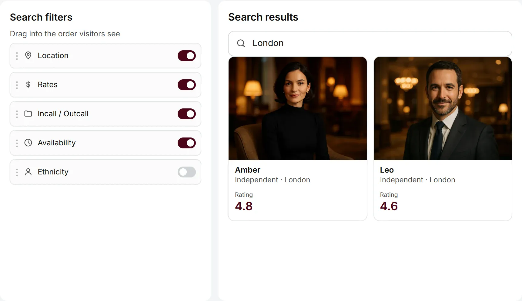 The search page designer with search filters in a draggable list