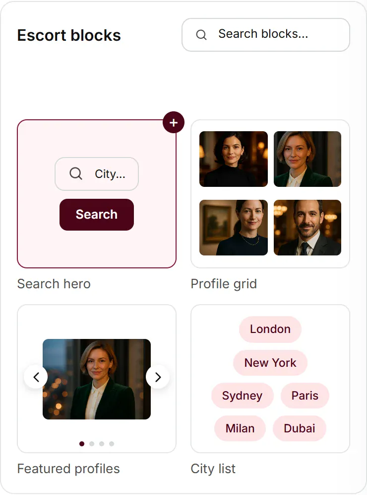 The escort block library: search hero, profile grid, featured profiles and city list