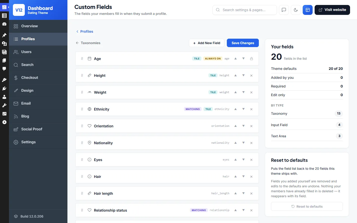 The profile fields screen