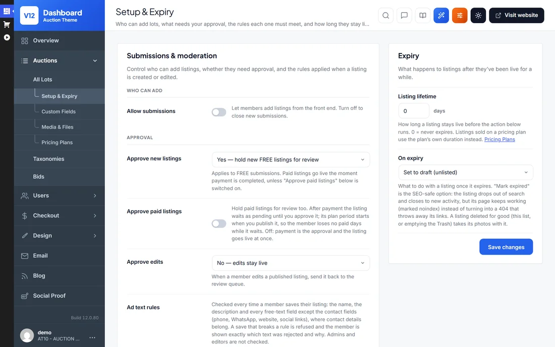 Lot setup and expiry settings