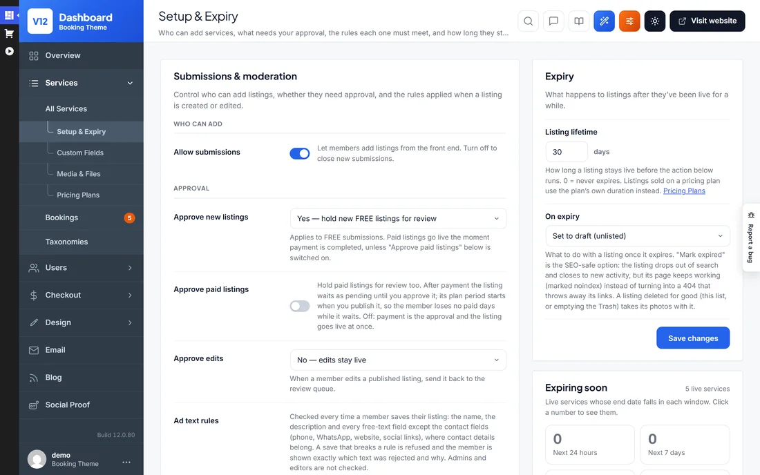 Service setup and expiry settings