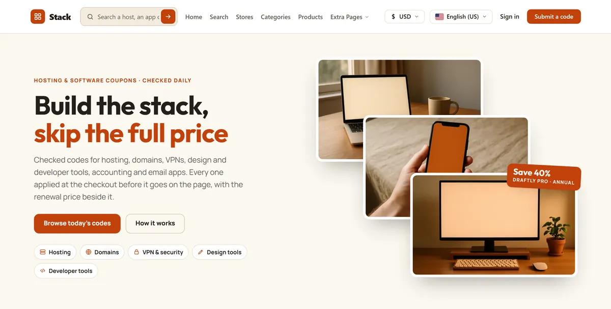 Stack, a coupon website design for hosting and software