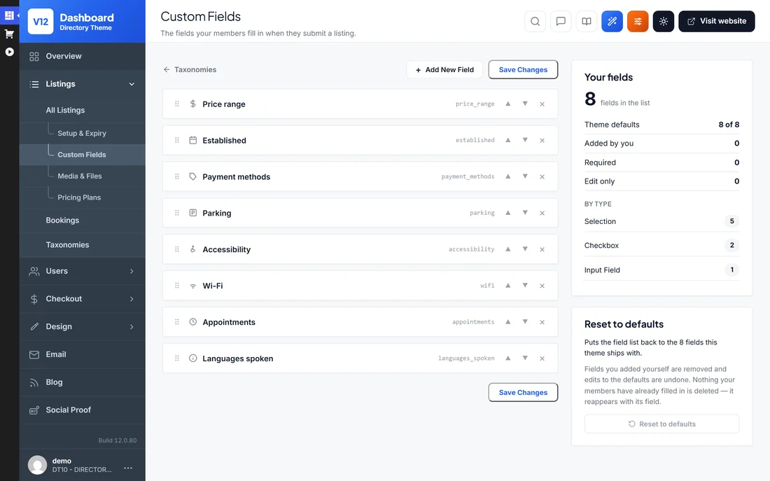 Custom fields screen