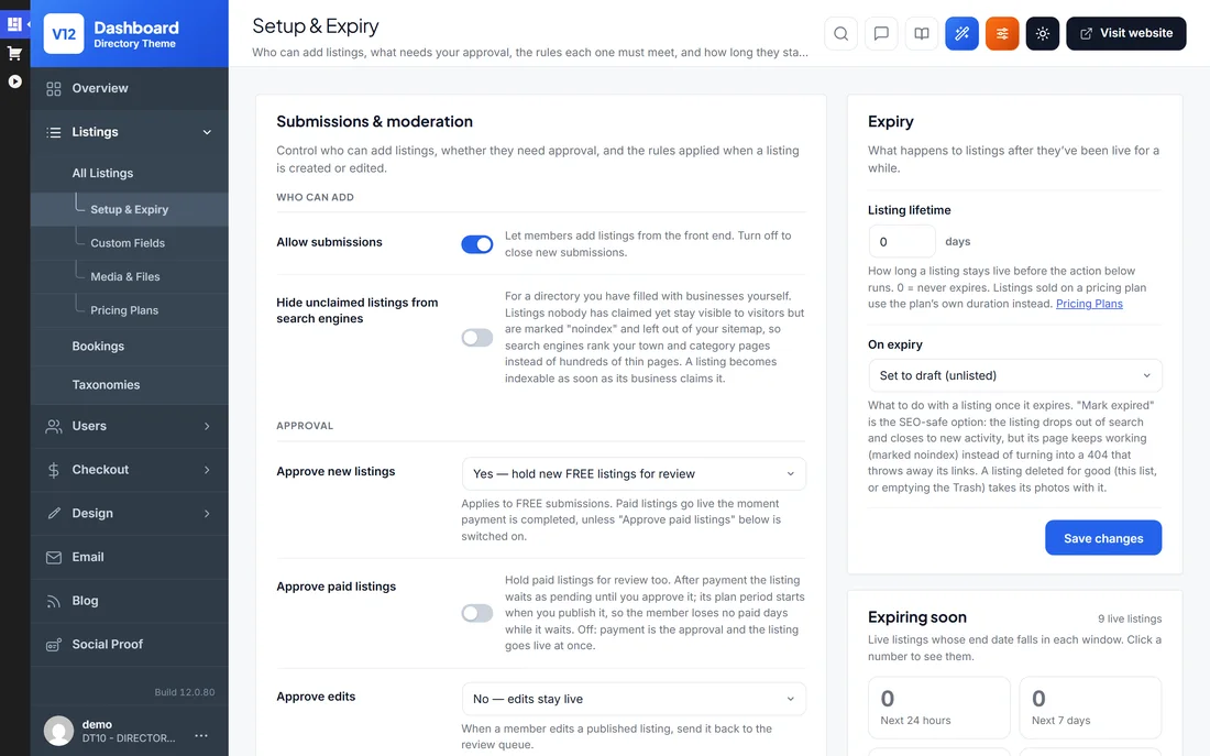 Listing setup and expiry settings
