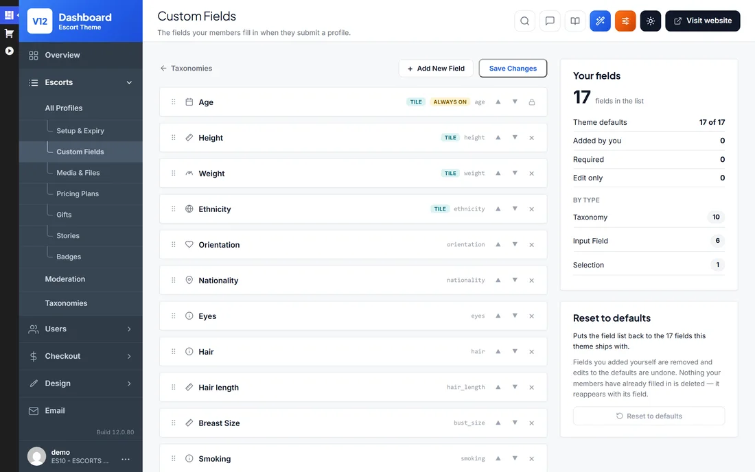 Custom fields screen