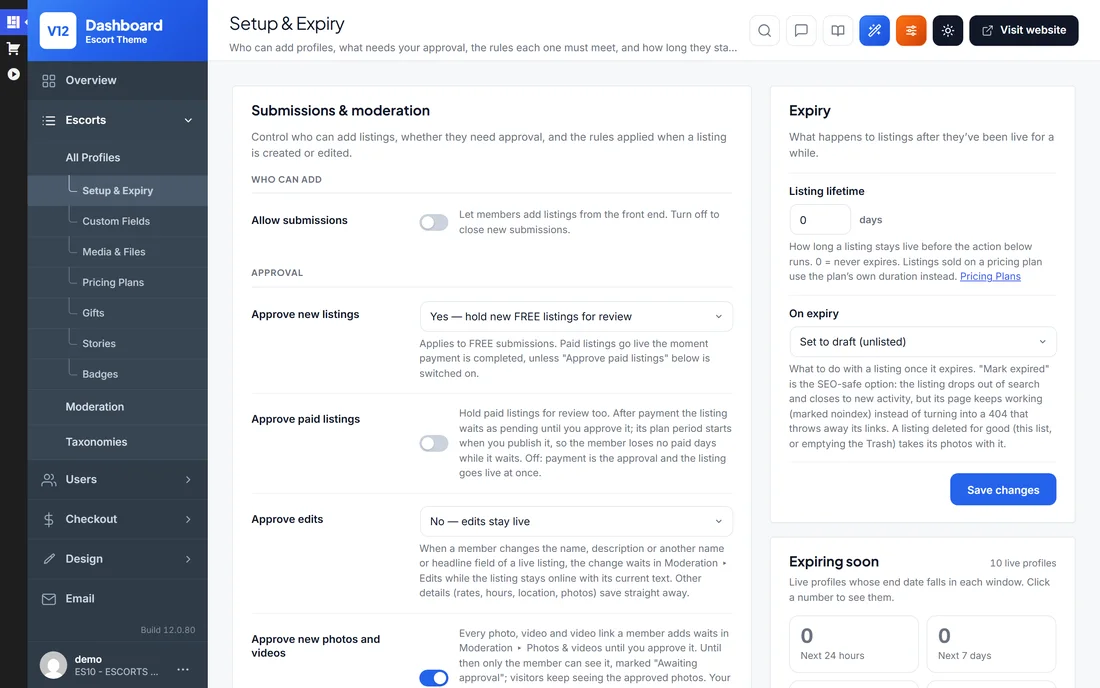 Profile setup and expiry settings