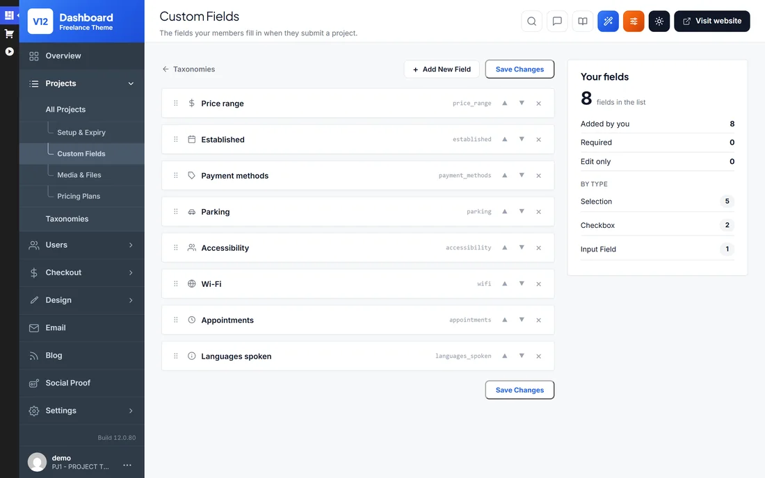 Custom fields screen
