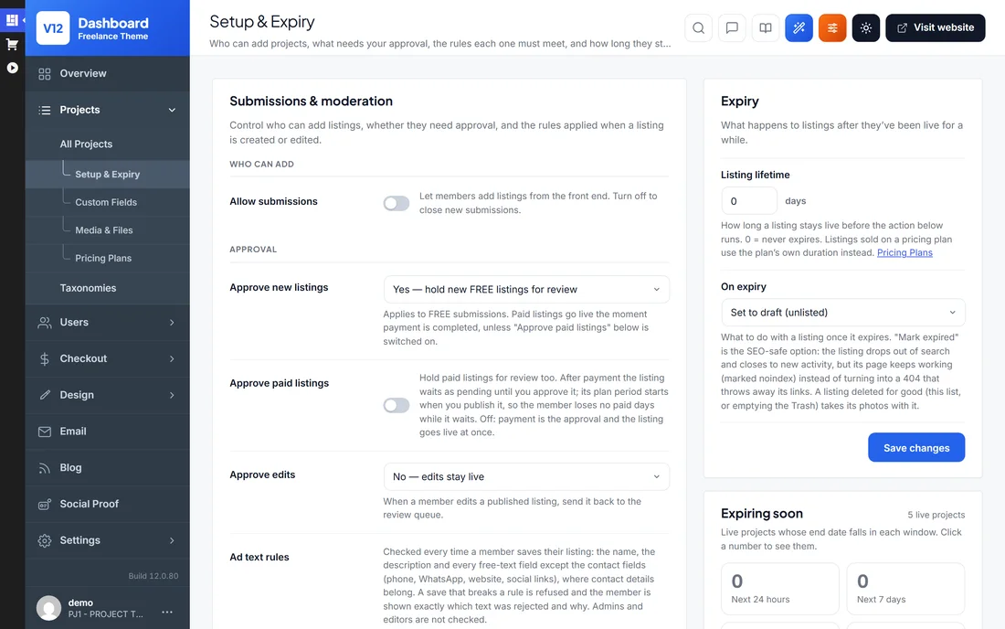 Project setup and expiry settings