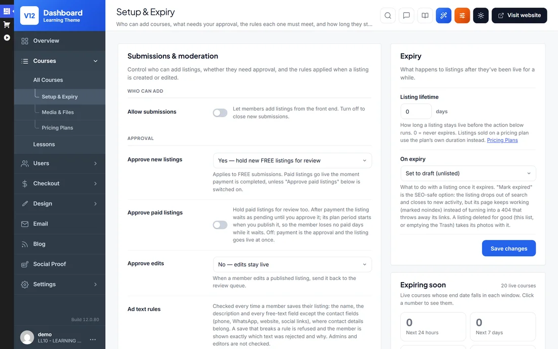 Course setup and expiry settings